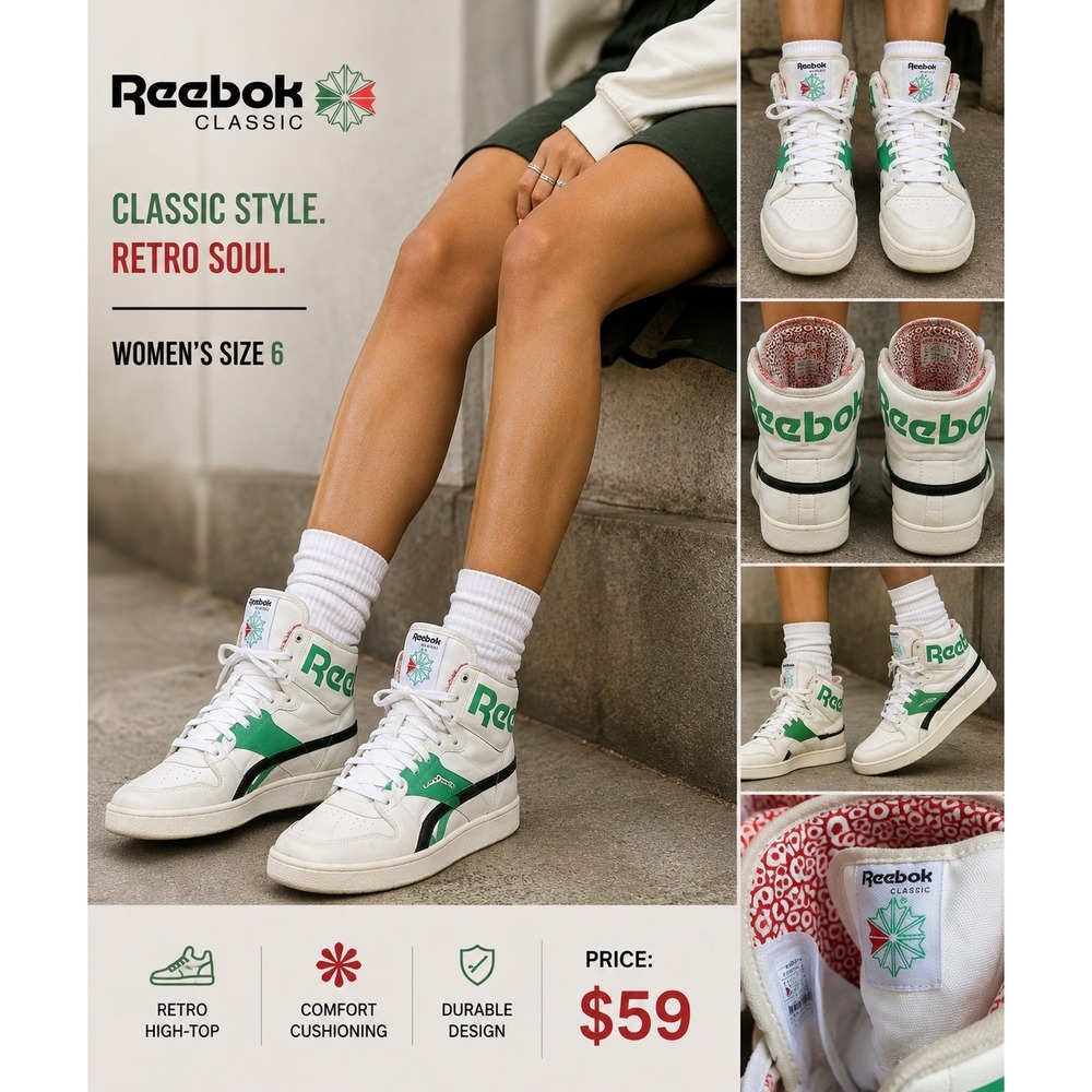 Reebok Classic High Top Sneakers White Green Black Womens Size 6 RB 901 PVN